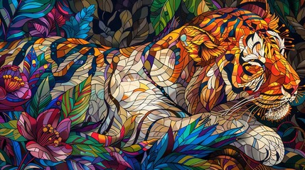 An elaborate mosaic-style illustration portrays a Tiger in vibrant, multicolored patterns, against a detailed background.