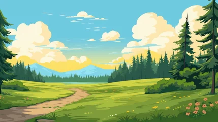 Poster Cartoon illustration of a road in a field with mountain and clouds. A mountain with road and blue sky. mountain Landscape with Blue Sky. landscape with mountains with blue sky clouds wallpaper.  © jokerhitam289