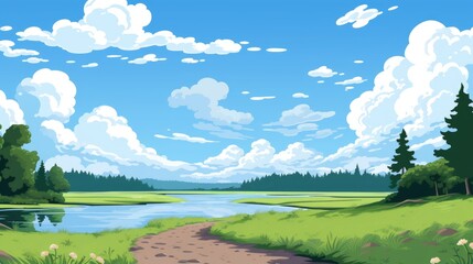 Fototapeta premium Grass Field landscape with blue sky and white cloud. Blue sky clouds sunny day wallpaper. Cartoon illustration of a Grass Field with blue sky in Summer. green field in a day.