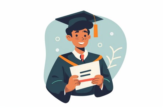 Editable stroke design featuring a student in a graduation gown, holding a certificate and wearing a cap, depicting the theme of academic accomplishment.