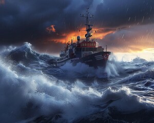 Coast Guard cutter braving sea storm, rescuing from shark waters, dawn light, realistic style , 3D illustration - obrazy, fototapety, plakaty