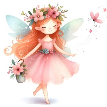 Fairy and Flowers watercolor illustration for girls
