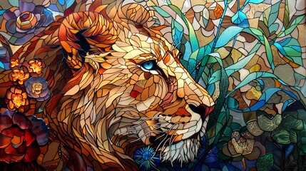 An elaborate mosaic-style illustration portrays a lion in vibrant, multicolored patterns, against a detailed background.