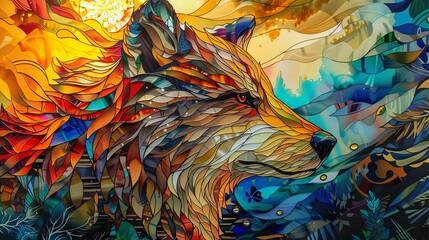 An elaborate mosaic-style illustration portrays a Fox in vibrant, multicolored patterns, against a detailed background.