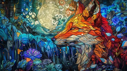 An elaborate mosaic-style illustration portrays a Fox in vibrant, multicolored patterns, against a detailed background.