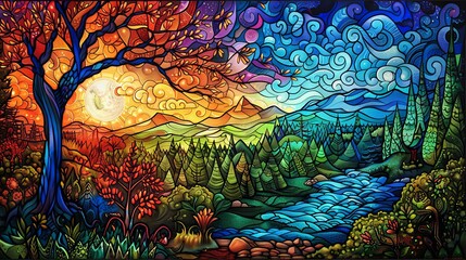 Artistic representation of a forest landscape at sunset, depicted in a colorful stained glass style with intricate details.
