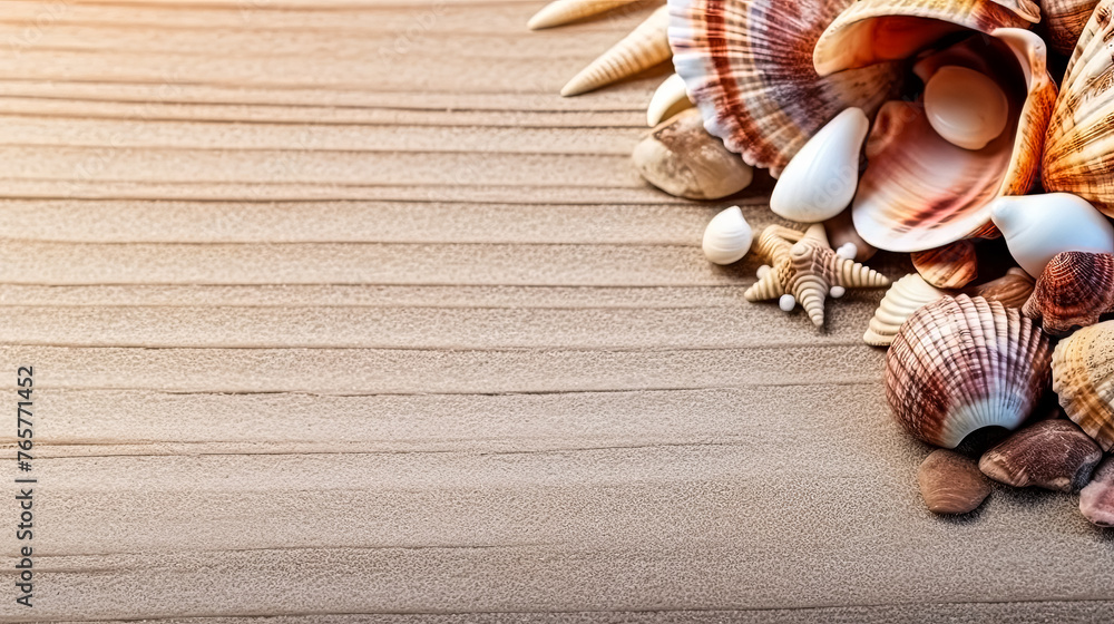 Poster a beach scene with shells and a starfish. the shells are scattered around the starfish, creating a p