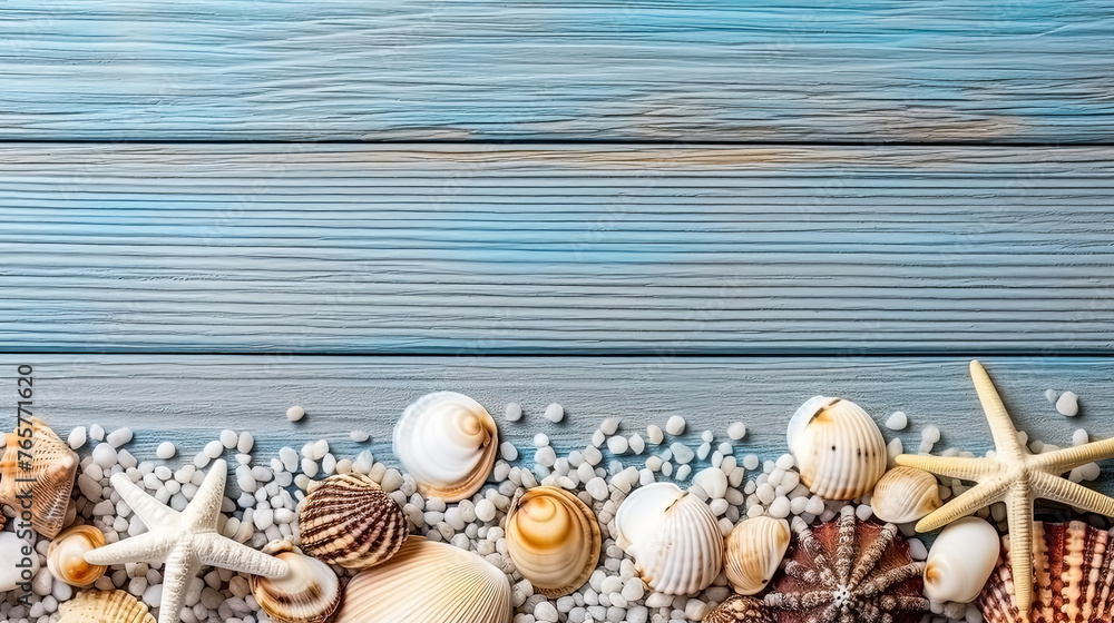 Poster a beach scene with shells and a starfish. the shells are scattered around the starfish, creating a p