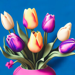 Vibrant spring-themed background featuring a variety of colorful tulips. Panorama
