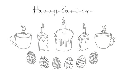 Easter Set in continuous one line style with design elements like Easter cakes with lit candles, painted eggs, steaming mugs with tea or coffee. Happy Easter greeting. Festive food. Black and white