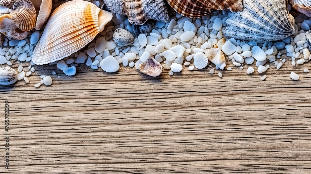 Poster A beach scene with shells and a starfish. The shells are scattered around the starfish, creating a peaceful and relaxing atmosphere
