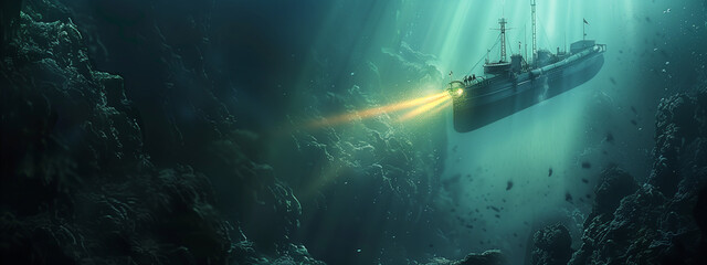 Obraz premium Shipwreck Illuminated by Underwater Lights in Ocean Depths