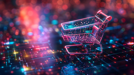 A neon shopping cart is on top of a motherboard. A neon shopping cart is on top of a motherboard. - obrazy, fototapety, plakaty