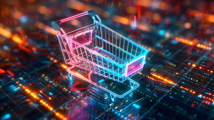 A neon shopping cart is on top of a motherboard. A neon shopping cart is on top of a motherboard.