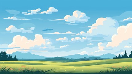 Obraz premium Grass Field landscape with blue sky and white cloud. Blue sky clouds sunny day wallpaper. illustration of a Grass Field with blue sky. green field in a day. 