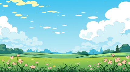 Naklejka premium Grass Field landscape with blue sky and white cloud. Blue sky clouds sunny day wallpaper. illustration of a Grass Field with blue sky. green field in a day. 
