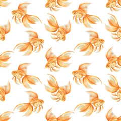 Seamless pattern with goldfish on white background.