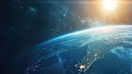 The background of the earth from space with a blue glow and sun rays - obrazy, fototapety, plakaty