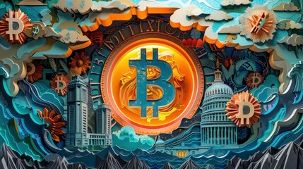 Bitcoin Concept in Vibrant Paper Cut Style: Artistic Take on Blockchain Technology and Financial Future