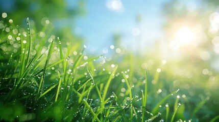 In this enchanting abstract spring background, the close-up side view of a lush, fresh green grass hill takes center stage against the canvas of a brilliant blue sky and a backdrop of radiant sunlight - obrazy, fototapety, plakaty