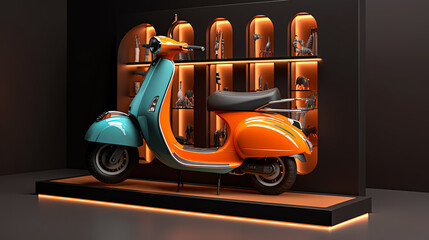 A model of a scooter with a white and orange stripe. The scooter is on display in a store