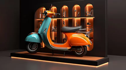 Tuinposter A model of a scooter with a white and orange stripe. The scooter is on display in a store © Людмила Мазур