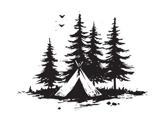 Camping in nature, Tent, Forests, Hand drawn style, vector illustrations	
