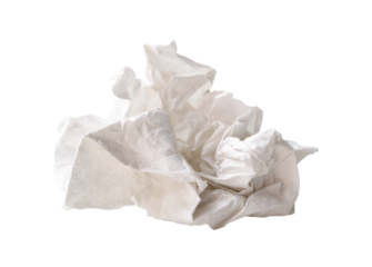 Front view of white crumpled tissue paper ball after use in toilet or restroom isolated with clipping path in png file format