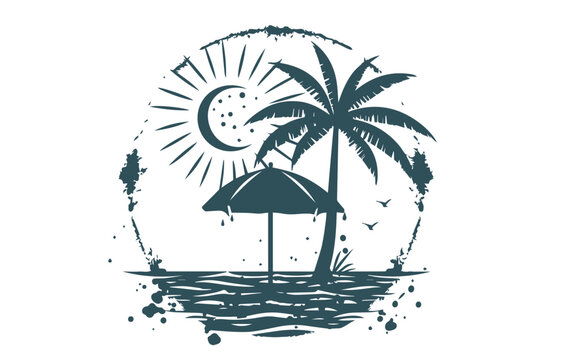 Summer illustration, palm tree, sea, sun, hand drawn style