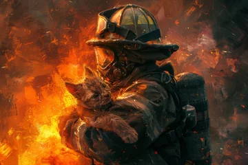 Foto op Canvas A firefighter carrying a small pet out of the burning building, gently cradling it in their arms. Illustration © Jennie Pavl