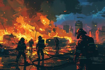 Emergency services setting up a perimeter around the burning Crocus City, trying to keep onlookers at a safe distance. Illustration  - obrazy, fototapety, plakaty