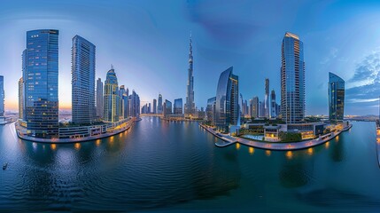 Obraz premium A panoramic view of a cityscape with tall office buildings, showcasing the integration of technology and workspaces 