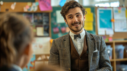 Fototapeta premium An enthusiastic teacher in a classroom the photo captures a young male educator in smart attire