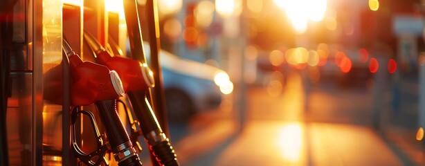 modern gas station fuel pump at sunset with blurred background. Closeup of orange and red nozzles, sunlight, cars in the blurry background - obrazy, fototapety, plakaty