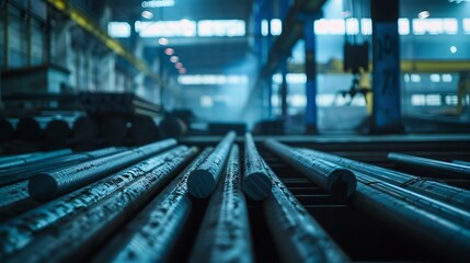 Photo of a steel bar in a factory, steel bars in the background of production lines