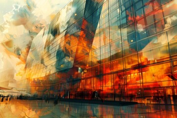 The heat of the fire warps the glass of the shopping center, creating a distorted reflection of the chaos outside. Illustration  - obrazy, fototapety, plakaty