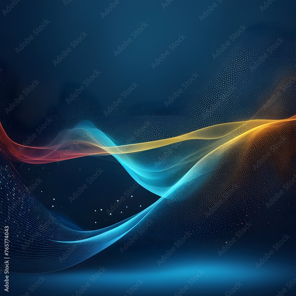 Poster abstract blue background with interweaving of colored dots and lines wave line.