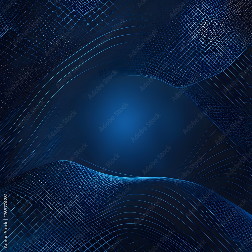 Poster abstract blue background with interweaving of colored dots and lines wave line.