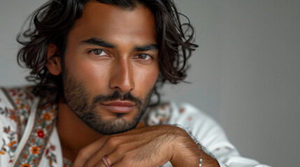 An image of an Indian skincare model in Mumbai with his hand softly resting on his chin