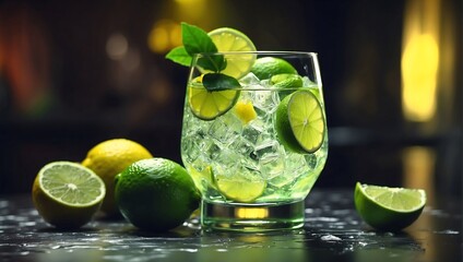 Refreshing citrus cocktail with ice in a glass. Generative AI - obrazy, fototapety, plakaty