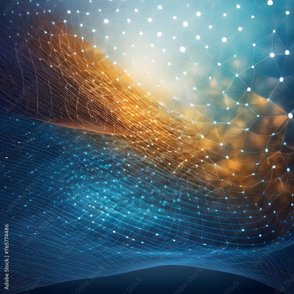 Poster abstract blue background with interweaving of colored dots and lines wave line.