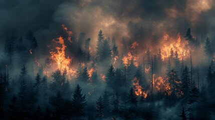 Obraz premium A surreal scene of a forest shrouded in smoke, with ghostly silhouettes of trees and animals 