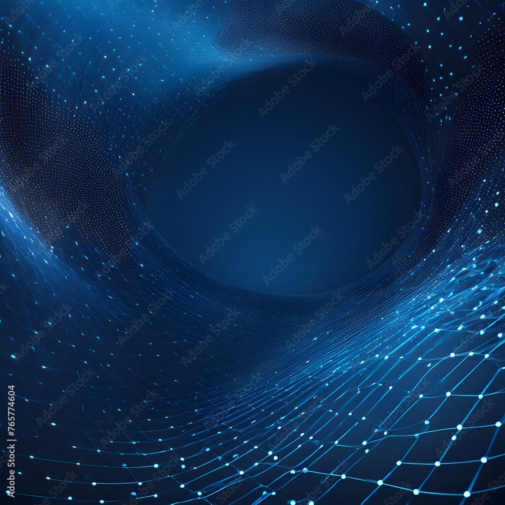 Poster abstract blue background with interweaving of colored dots and lines wave line.