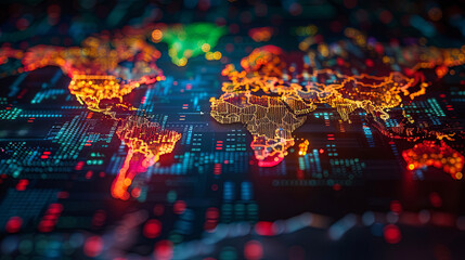 A world map glows with vivid lights, symbolizing the bustling activity and connectivity of the global network in the digital age.