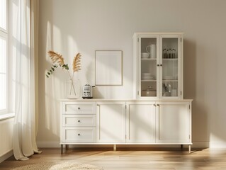 A white cabinet with a picture mockup all arranged in front of a wall.