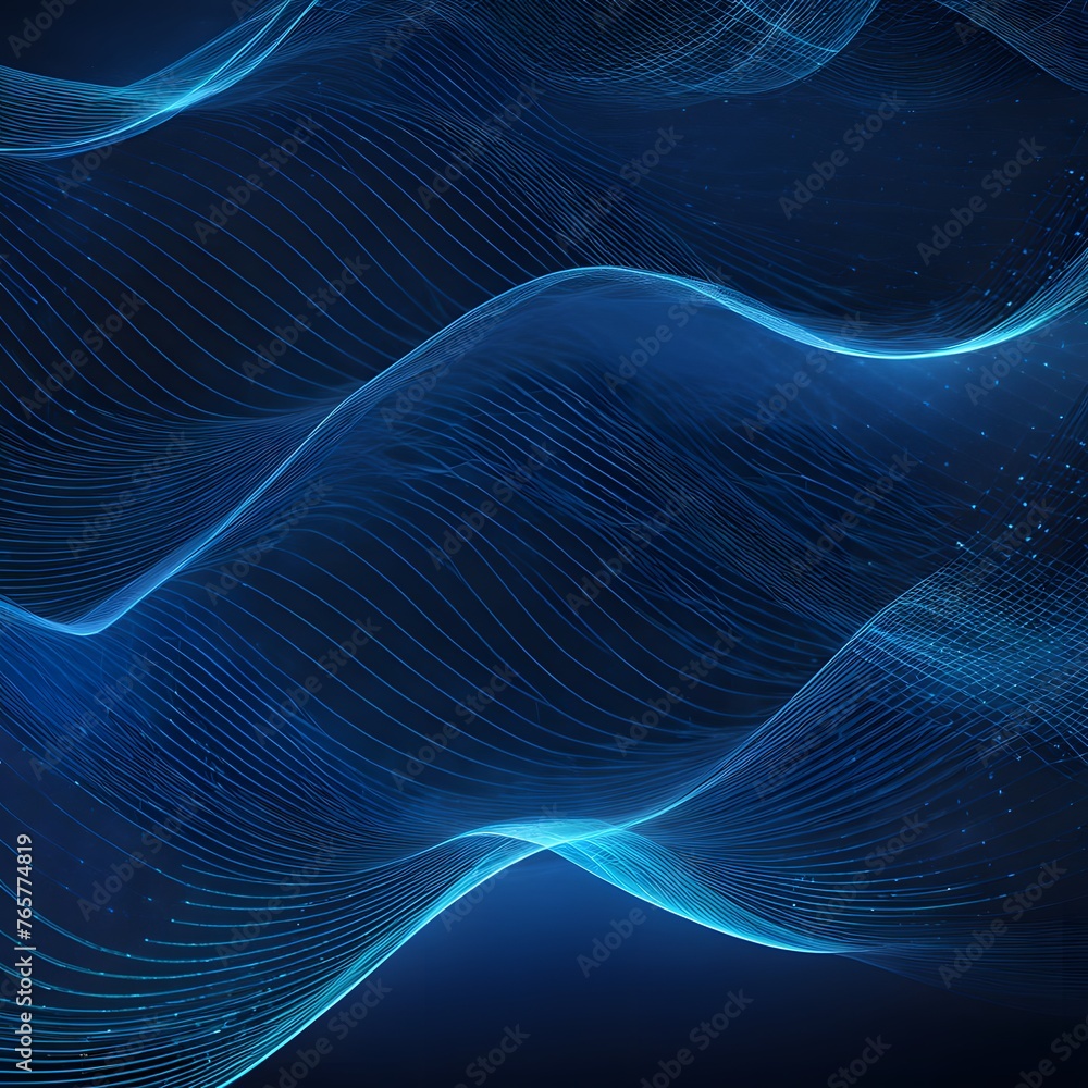 Poster abstract blue background with interweaving of colored dots and lines wave line.