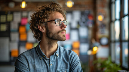An innovative tech entrepreneur in a startup office the photo shows a young male business founder in modern