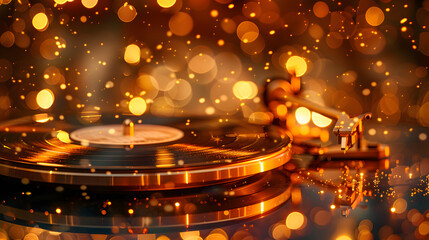 Fototapeta na wymiar A record player with a vinyl disc on a table with a blurred golden. background and glowing lights.