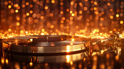 A record player with a vinyl disc on a table with a blurred golden. background and glowing lights.