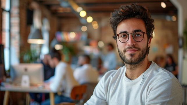 An innovative tech entrepreneur in a startup office the photo shows a young male business founder in modern